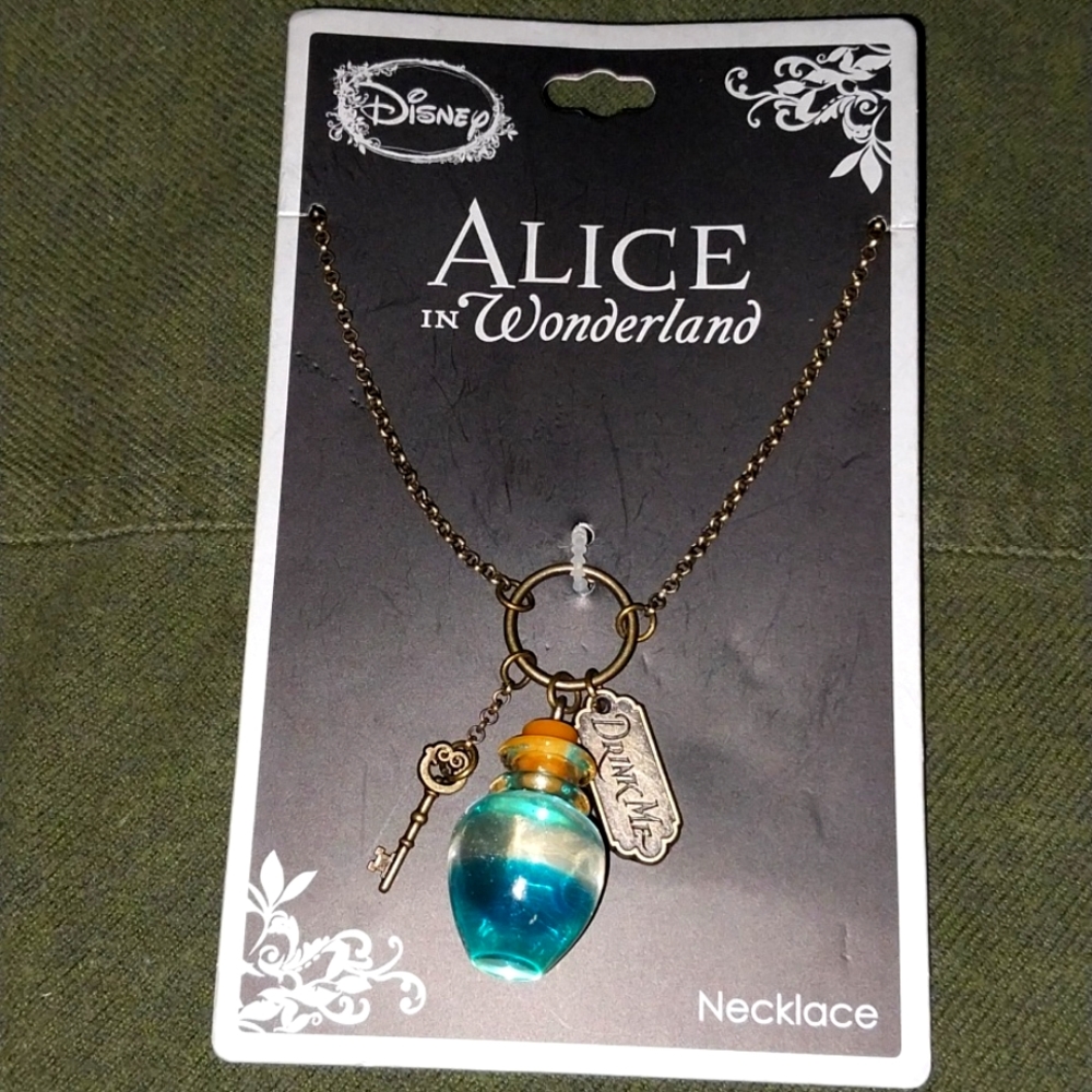 Alice in Wonderland Blue potion, Key, Drink Me charm necklace.
